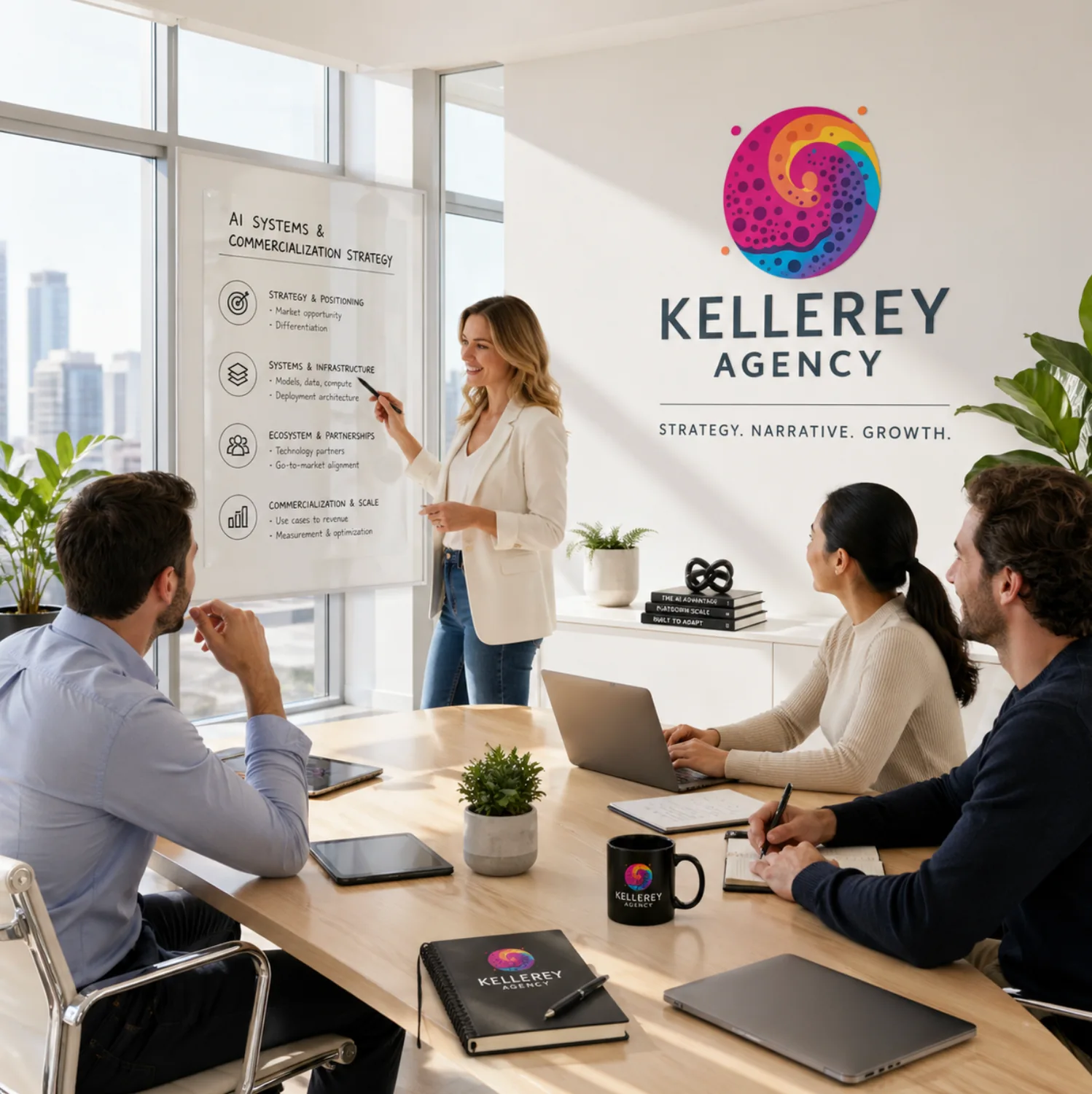 An editorial scene of senior leaders collaborating